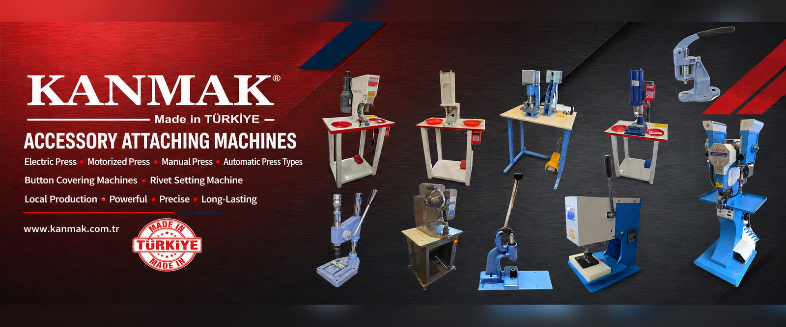 KANMAK accessory attaching machines, button covering and rivet setting machines – red background