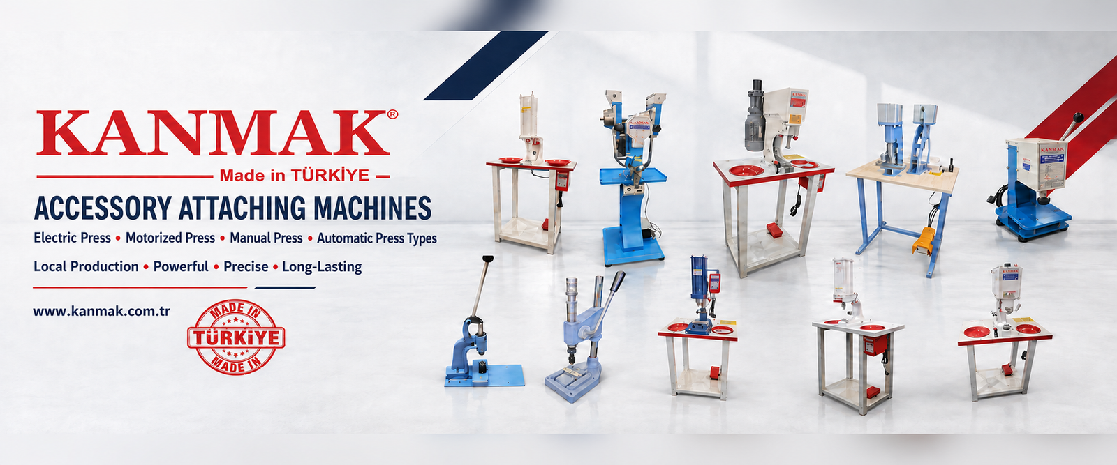 KANMAK accessory attaching machines – electric, motorized, manual and automatic presses