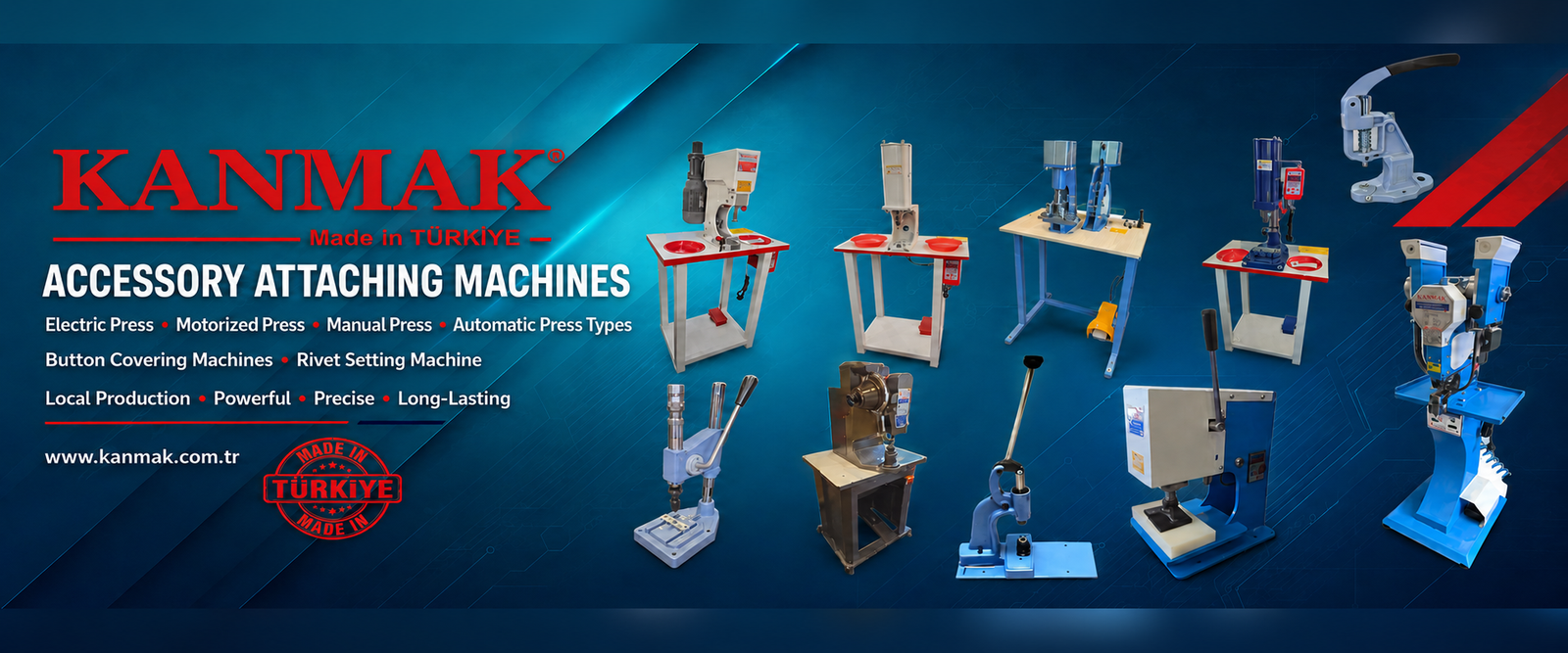 KANMAK accessory attaching machines, button covering and rivet setting machines – blue background